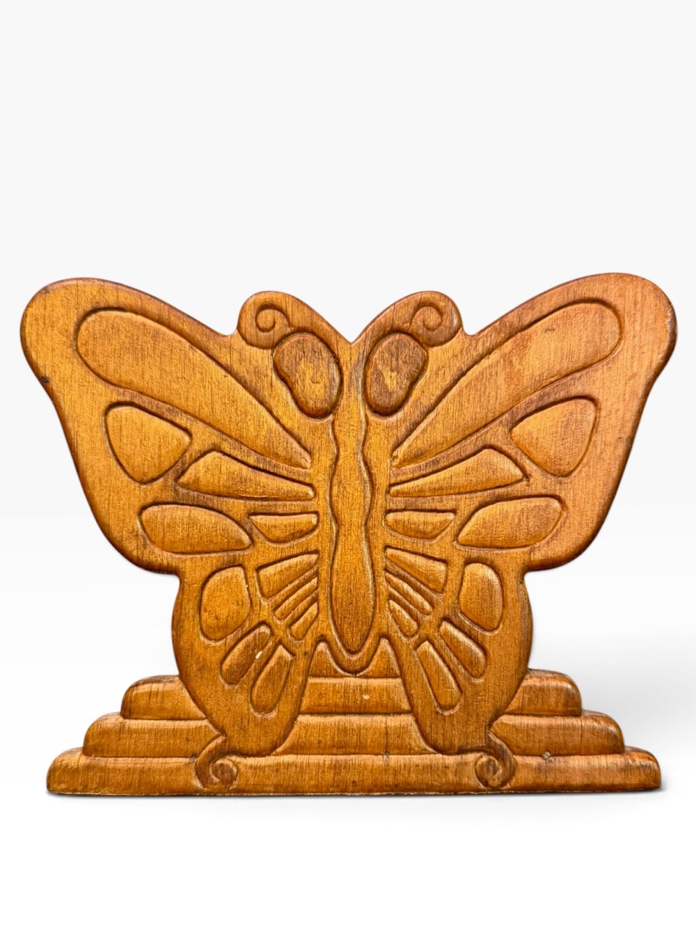 Handcarved Warm Honey Brown Wooden Butterfly Napkin Holder